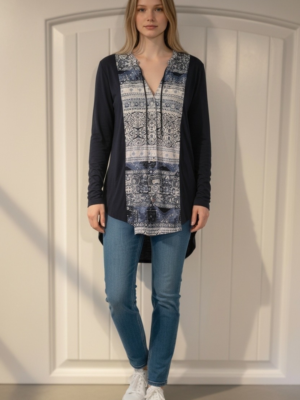 Lucky Brand Navy Blue Boho Print Long Tunic Top Size XL